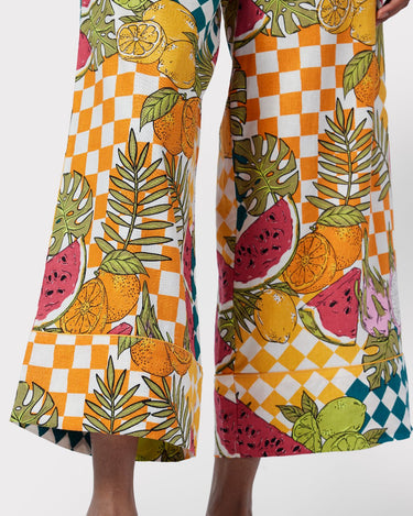 Linen-Blend Fruit Checkerboard Print Long Pyjama Set